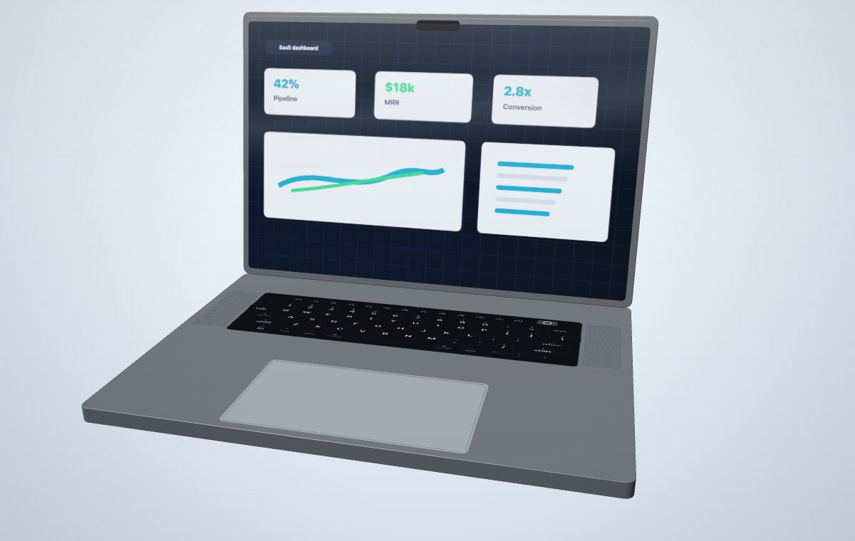 Laptop website mockup preview showing a SaaS analytics dashboard inside a 3D laptop frame