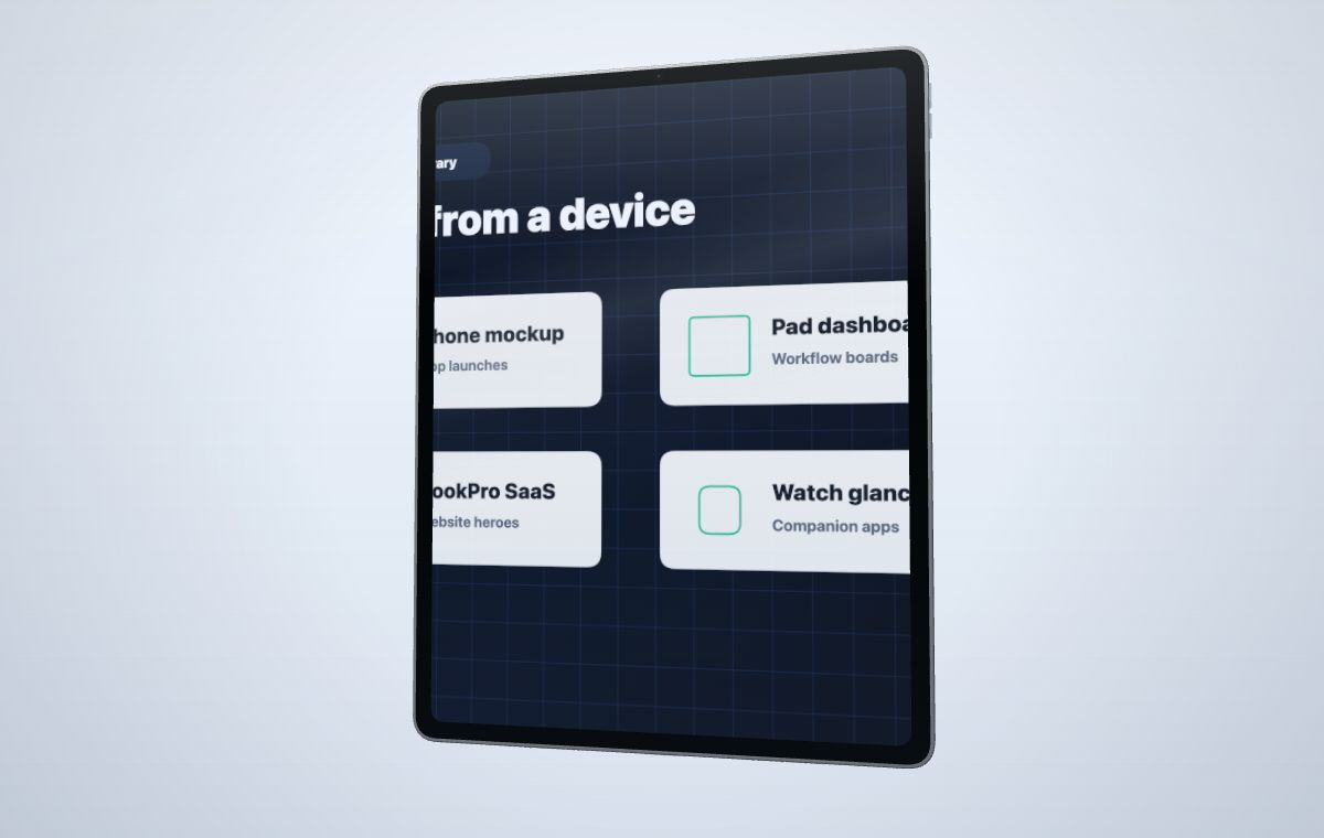 3D mockup template library preview showing device templates for phone, Pad, BookPro, and smartwatch mockups