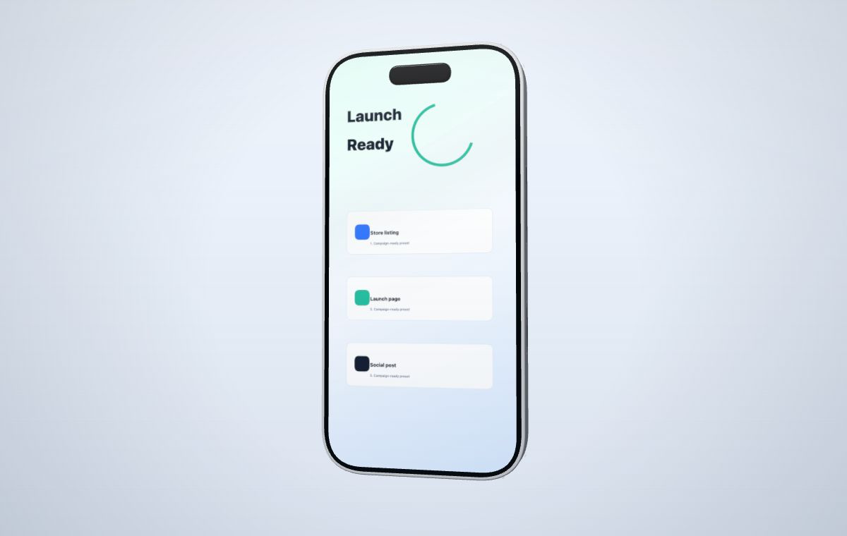 Phone mockup generator preview with app launch screen, store listing, and social post content