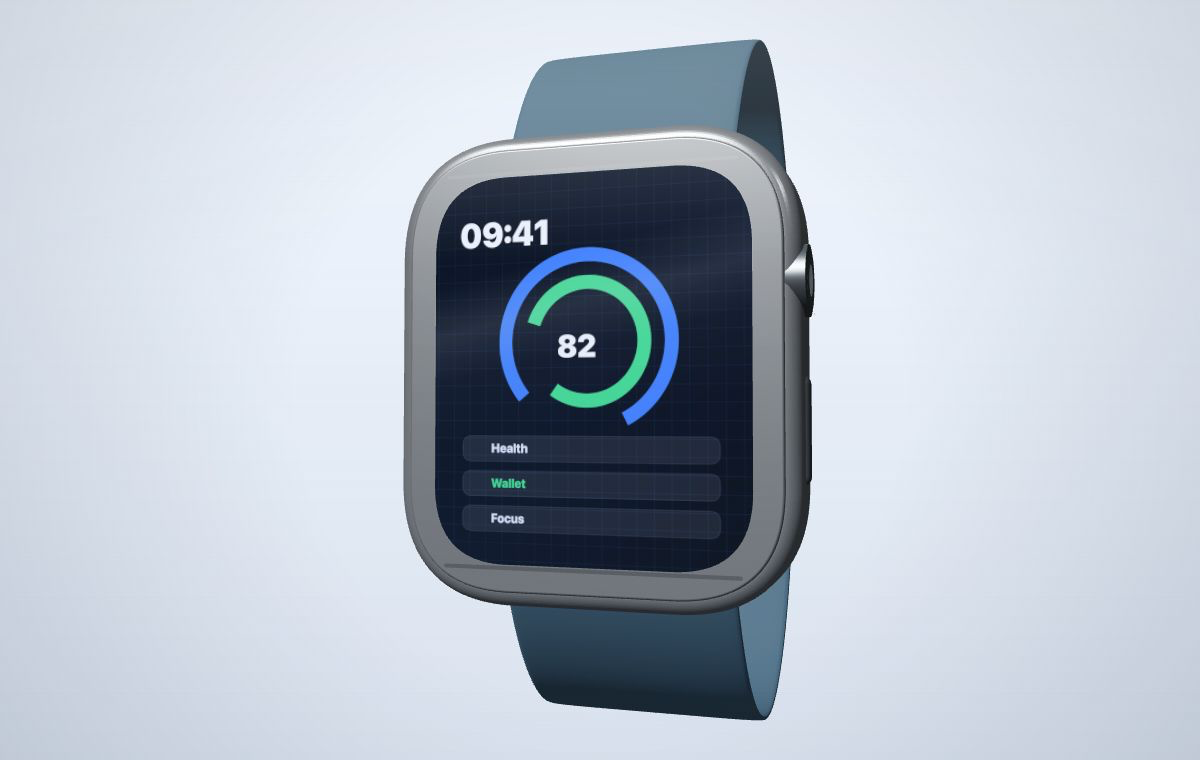 Smartwatch mockup preview with health, finance, and utility glance content