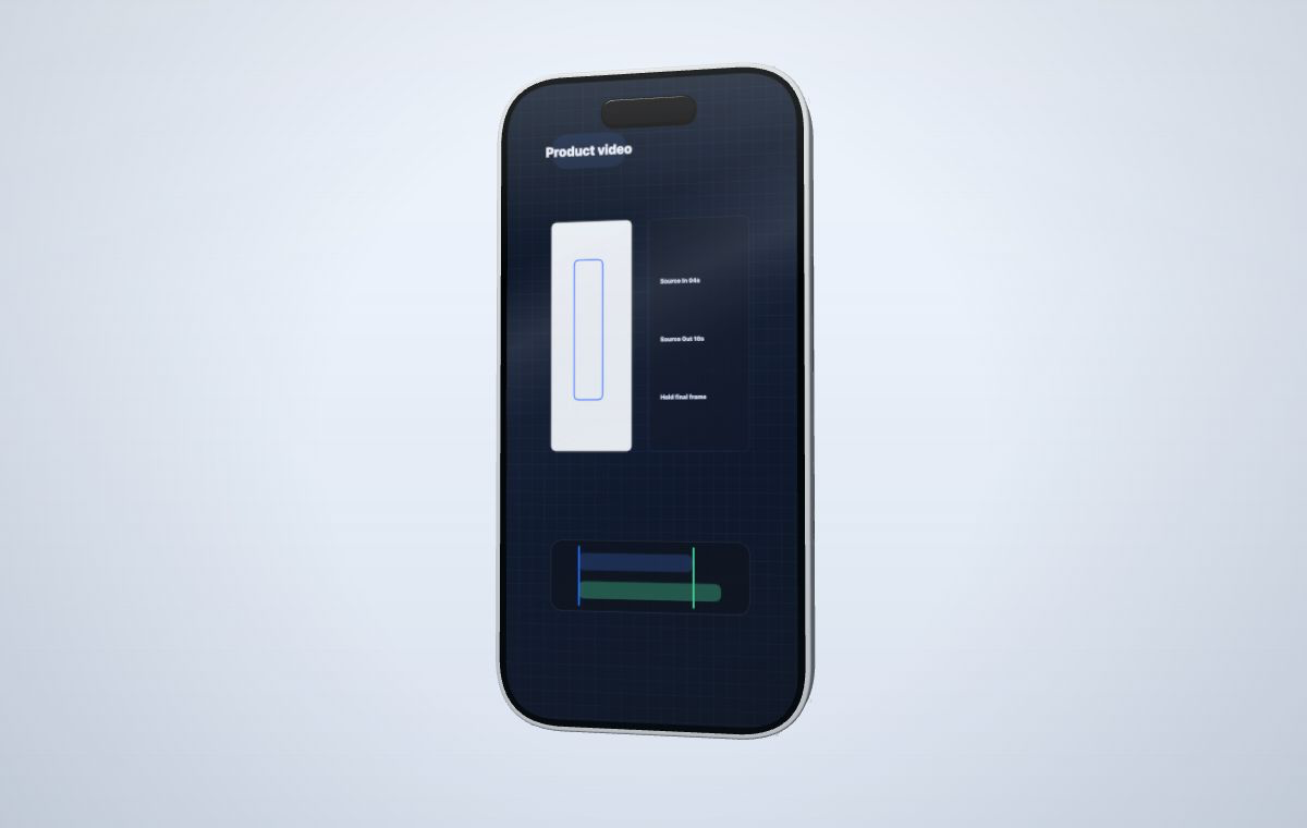 Product video mockup preview with MP4 source timing, source in and source out controls, and device screen playback