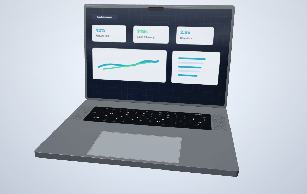 SaaS demo video mockup preview with dashboard recording inside a laptop device render